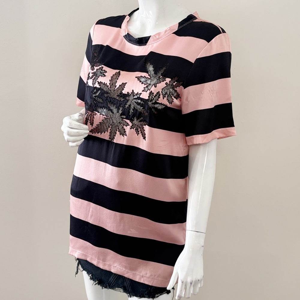 Rare Alexander Wang Sample Piece Black & Pink Striped Top w Black Lace Leaves - Picture 5 of 8